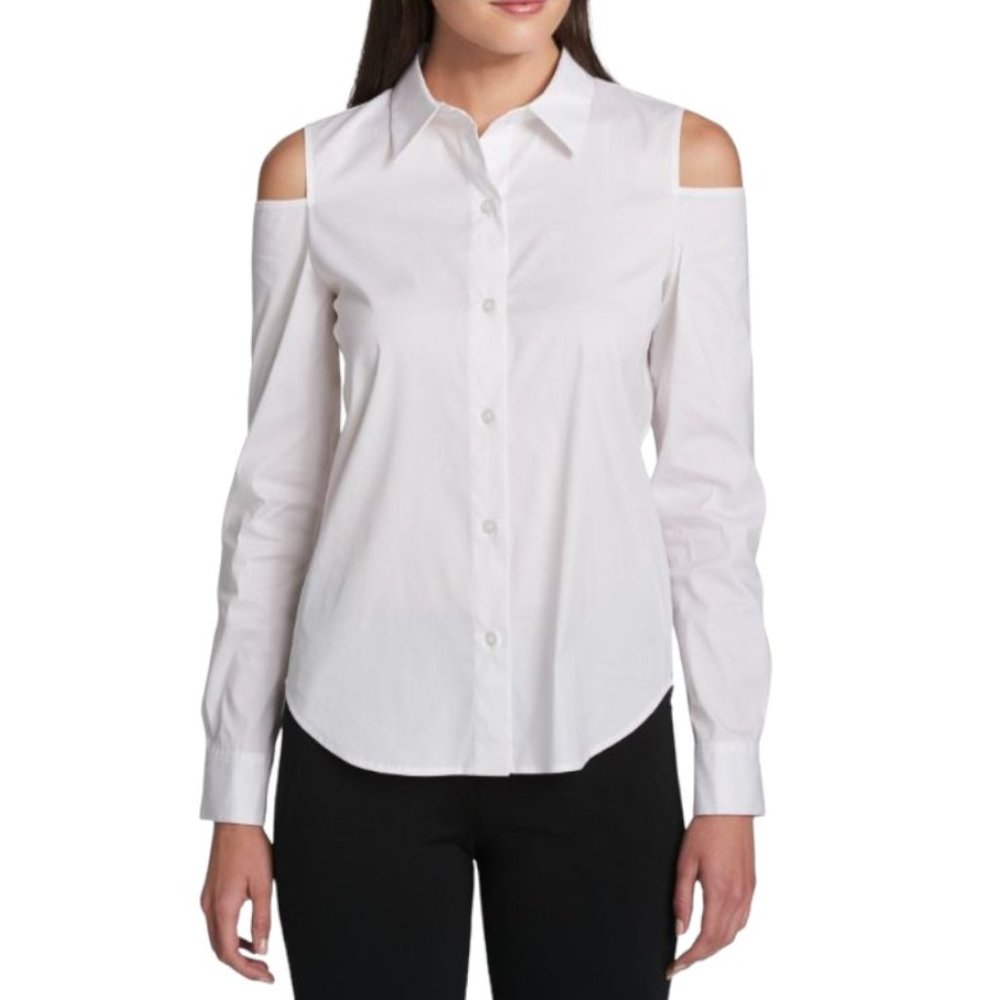 Donna Karan New York White Long Sleeve Cold Shoulder Shirt Blouse Size XS